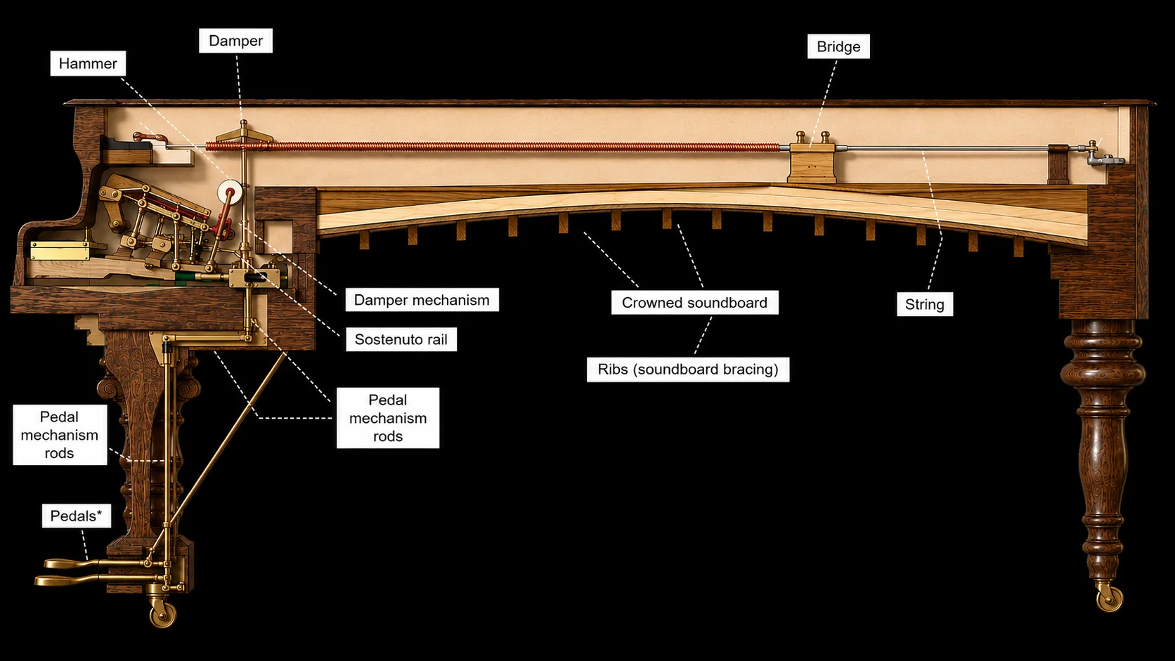Cutaway illustration of a grand piano with labelled internal parts